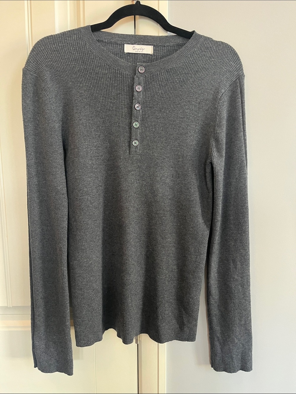 Oasis Grey Ribbed Knit Henley Sweater Top Wool Blend M